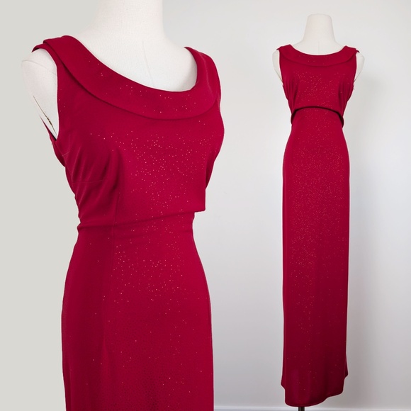 90s Red Glitter Maxi Dress Sleeveless Open Back Slit Floor Length Bodycon - Picture 1 of 13
